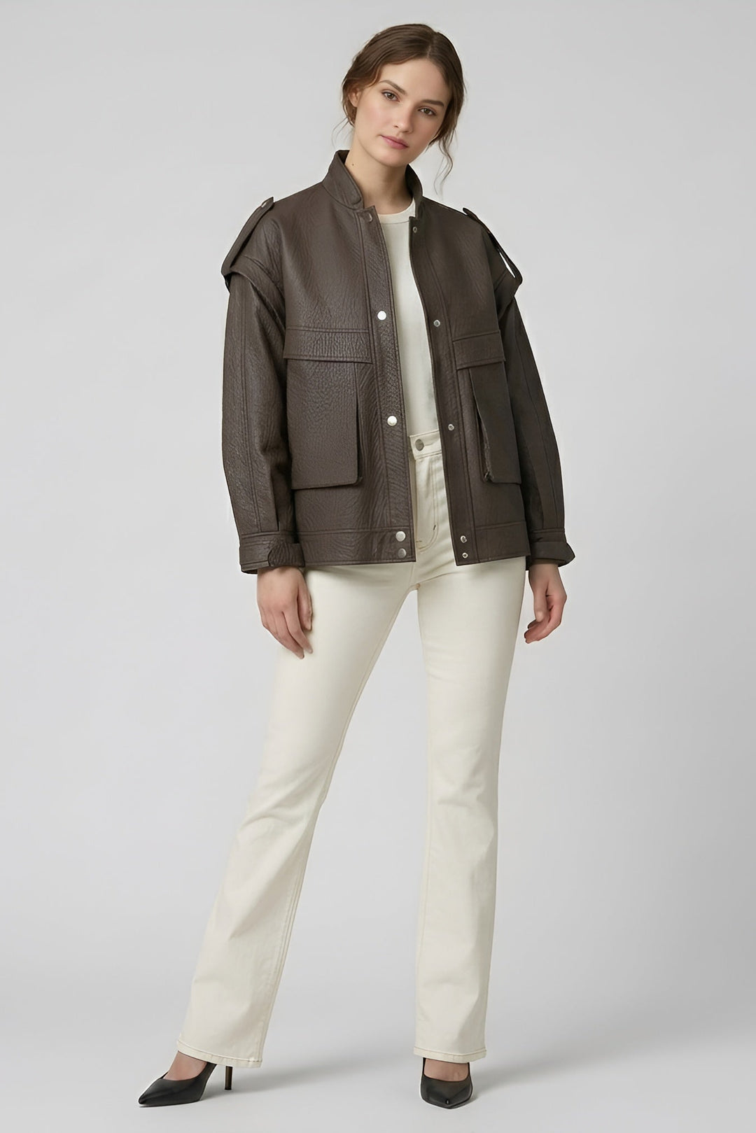 INDIE - Dark Brown Vintage Leather Bomber Jacket, Women's Fashion, Front View