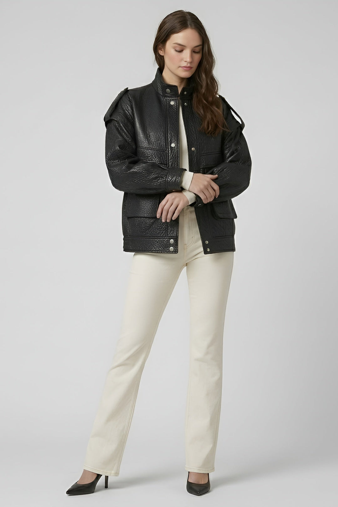 INDIE - Vintage Leather Bomber Jacket, Black Textured Leather, Model Posing, Studio Shot