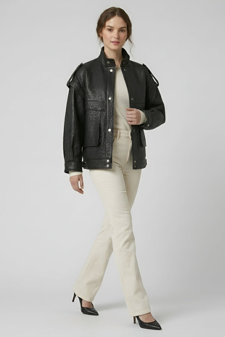 INDIE - Vintage Leather Bomber Jacket, Black Textured Leather, Walking Pose, Full Body