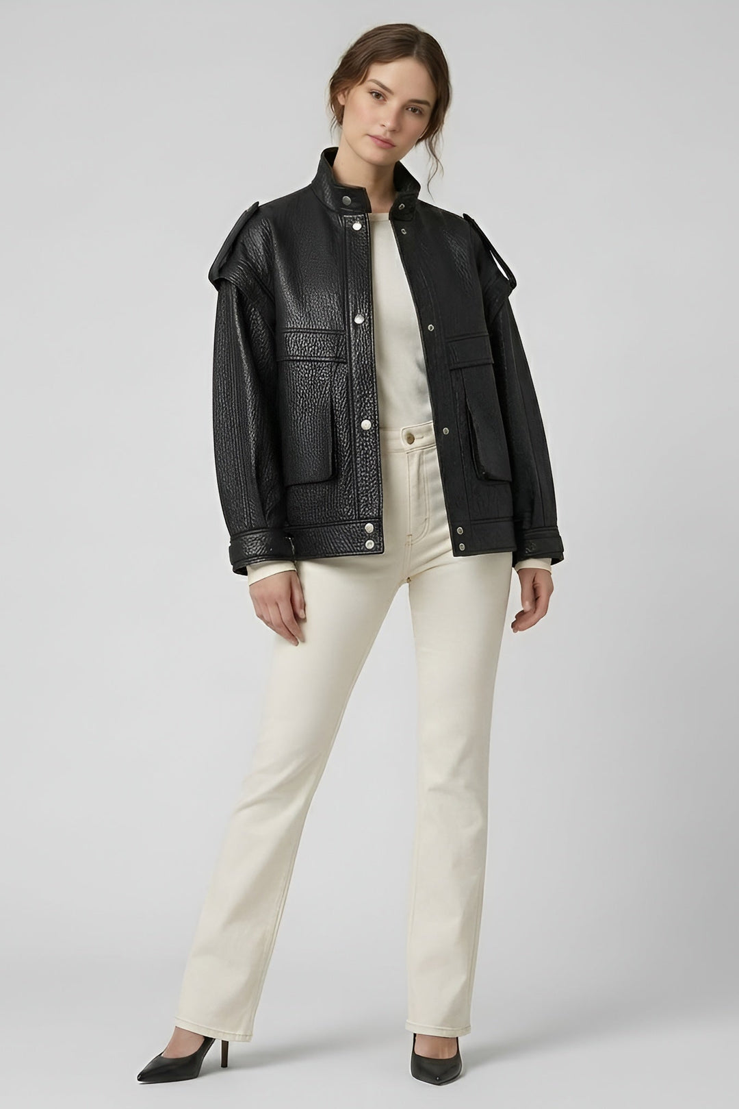 INDIE - Vintage Leather Bomber Jacket, Black Textured Leather, Women's Fashion, Front View
