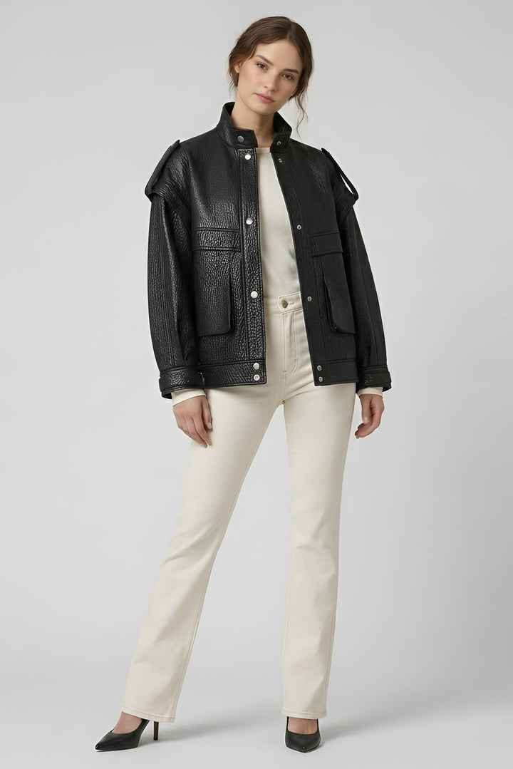 INDIE - Vintage Leather Bomber Jacket, Black Textured Leather, Women's Fashion, Front View