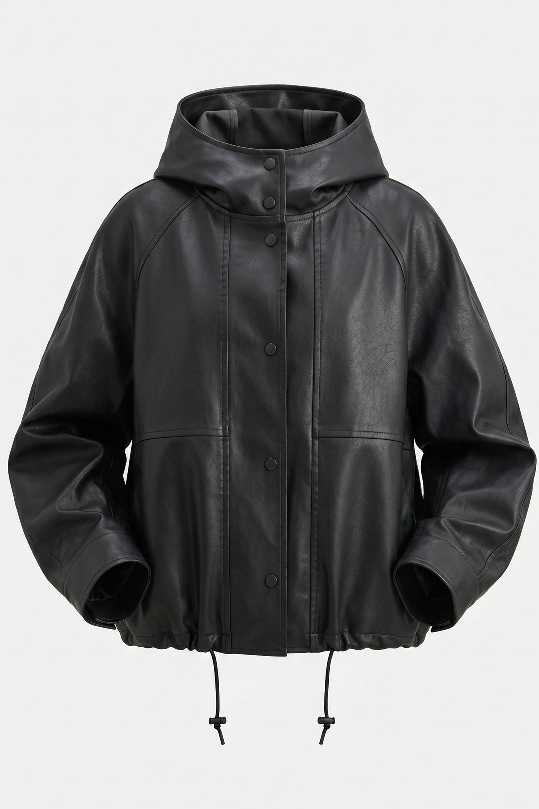 ISABELLE - HOODED SHEEPSKIN JACKET, black, front view, drawstring hem, button closure