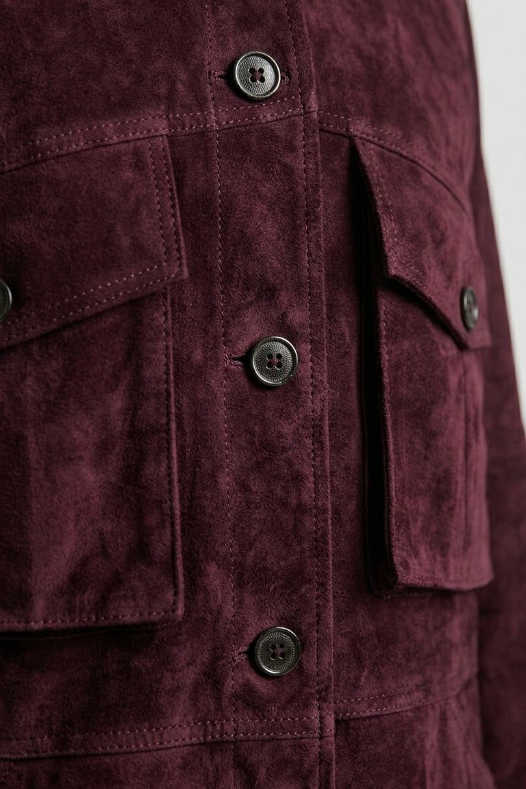 IVY - Burgundy suede jacket, detail of chest pocket