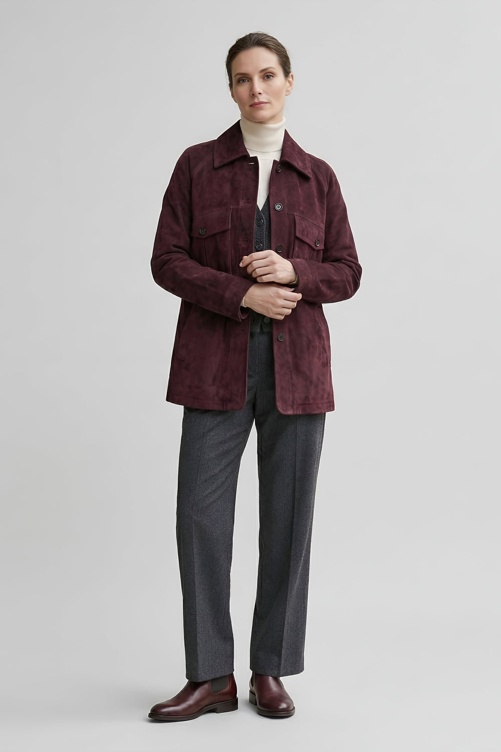 IVY - Burgundy suede jacket, full front view on model