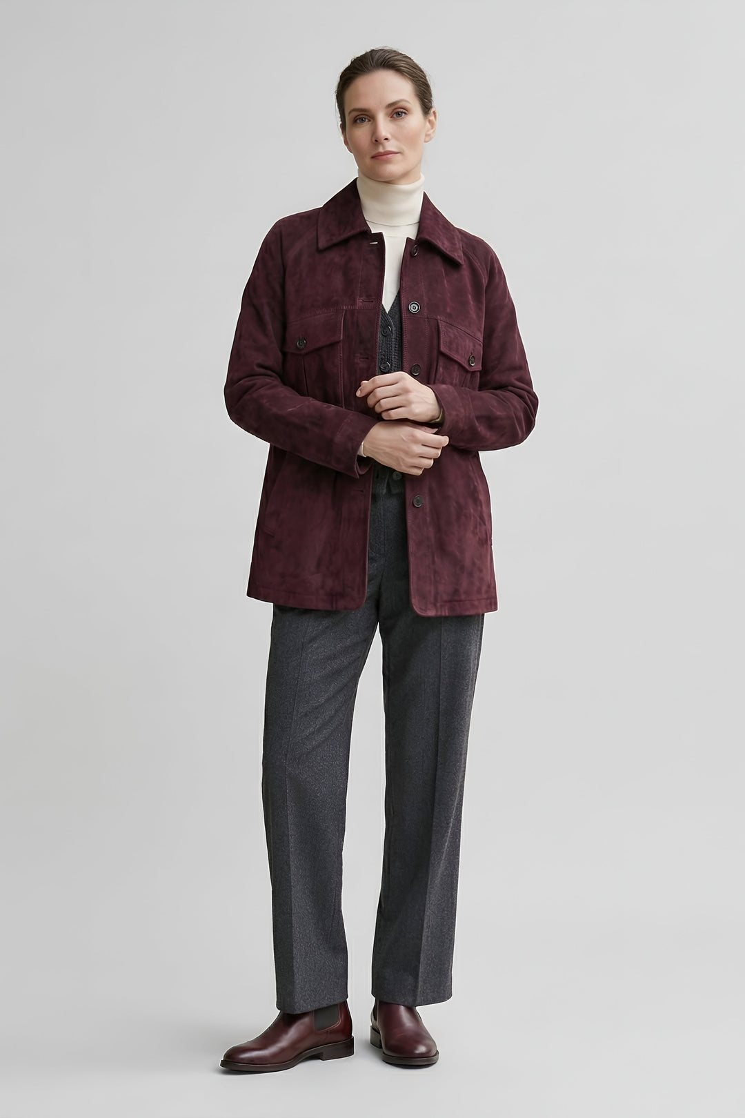 IVY - Burgundy suede jacket, full front view on model