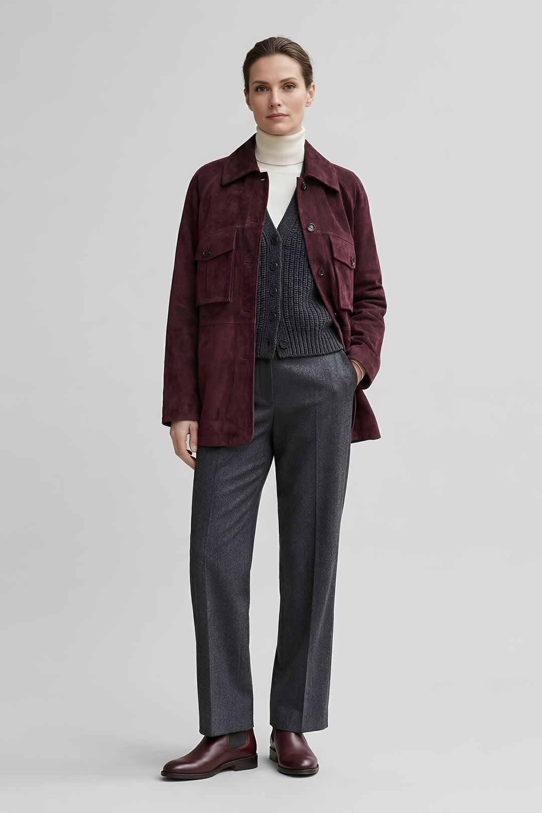 IVY - Burgundy suede jacket, model with hands in pockets
