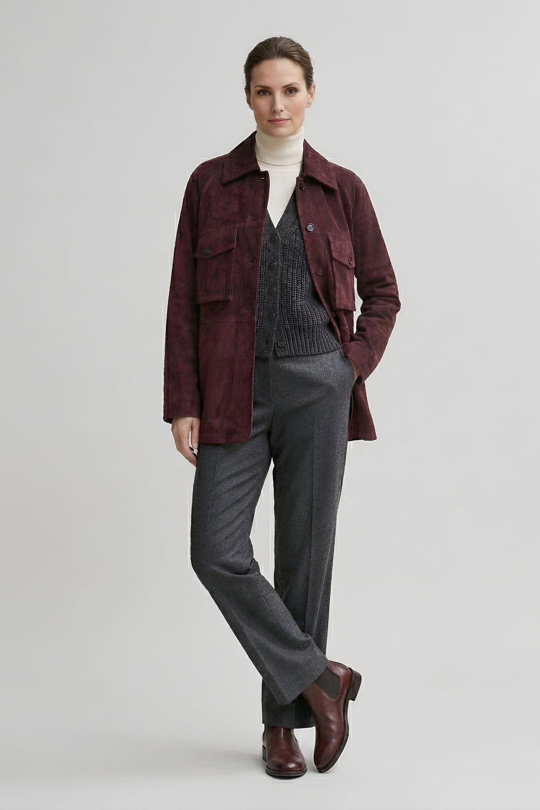 IVY - Burgundy suede jacket with trousers and turtleneck