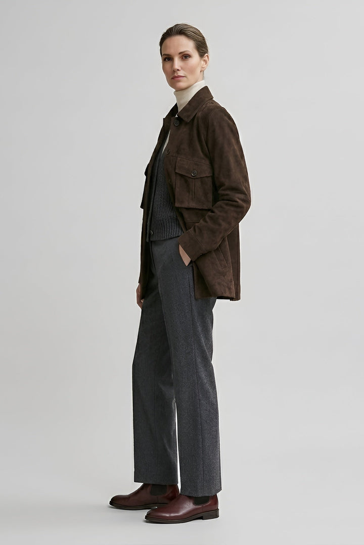 IVY - Dark Brown suede jacket worn by model, side view