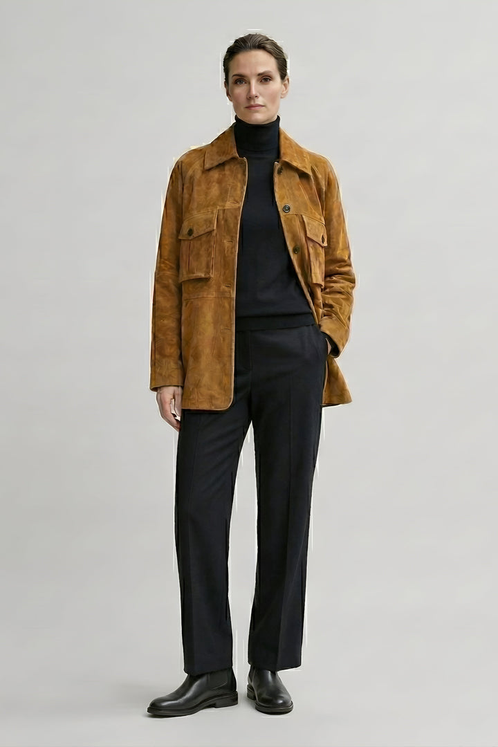 IVY - Tan suede jacket with black trousers and turtleneck