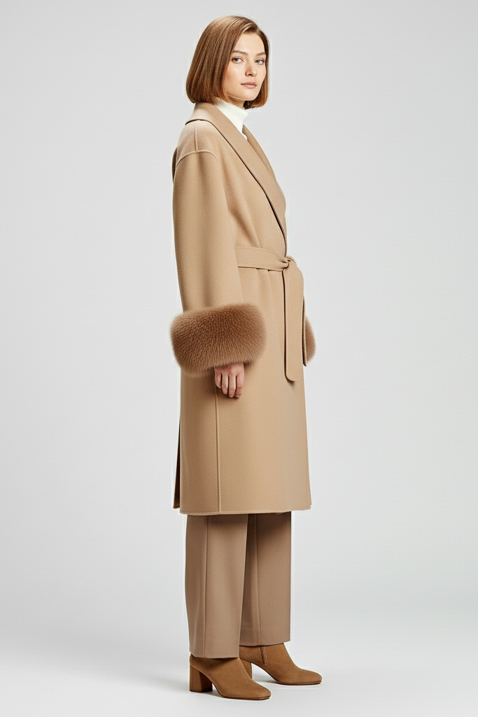 JANVEIRA Woman wearing a beige coat with fur trim on a white background