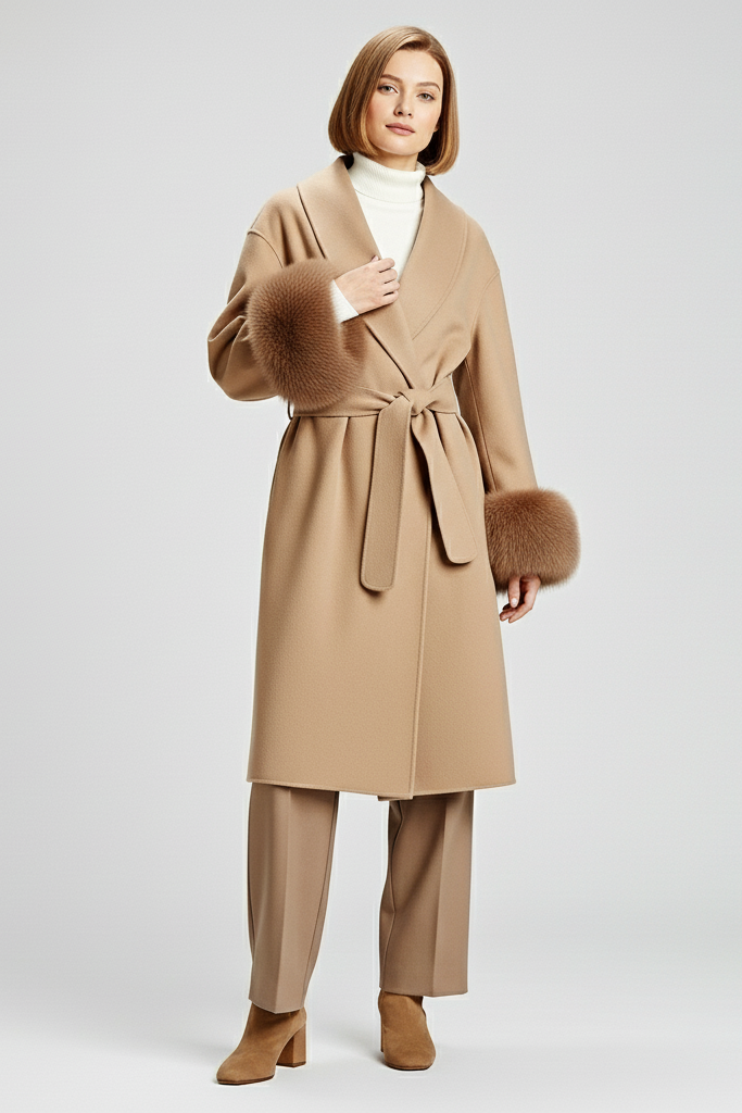 JANVEIRA woman dressed in a beige coat with fur trim, set against a white background.