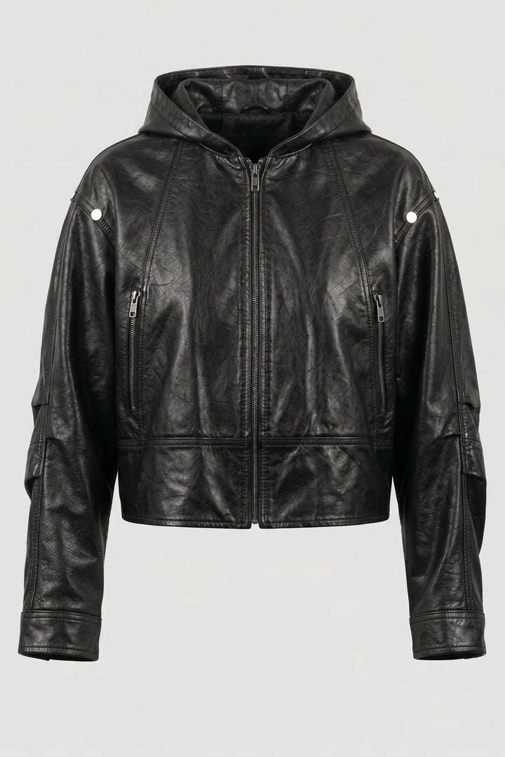 JOSETTE - Hooded leather jacket, cropped, black, zippered, edgy