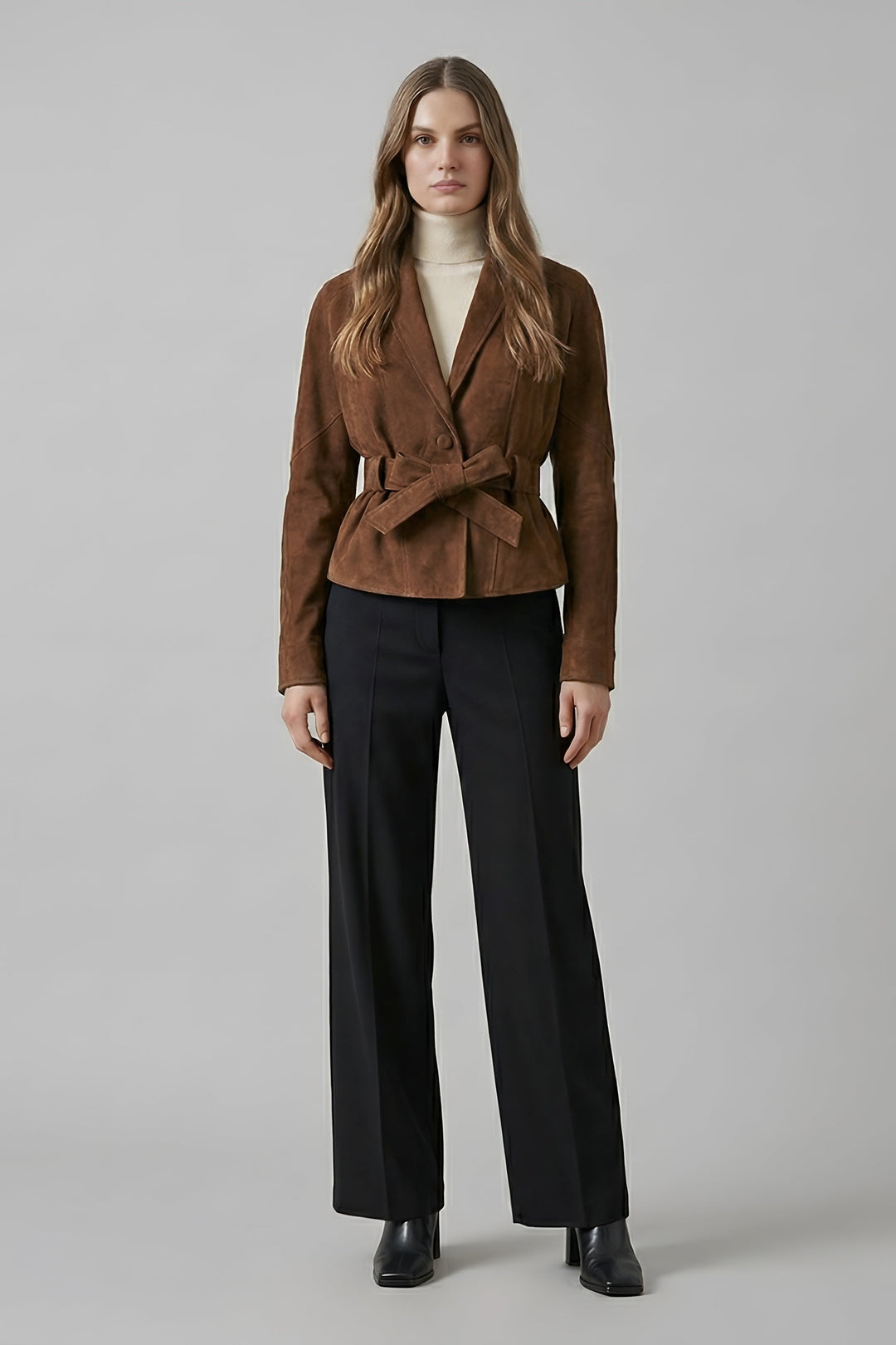 JOSIE - Brown Suede leather jacket lifestyle front view