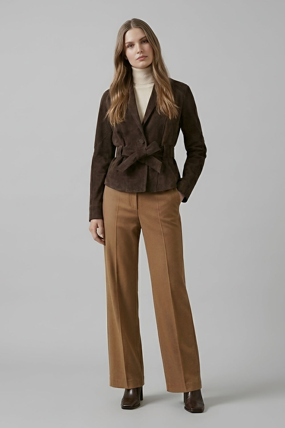 JOSIE - Brown suede blazer belted othe model standing with hand in pocket