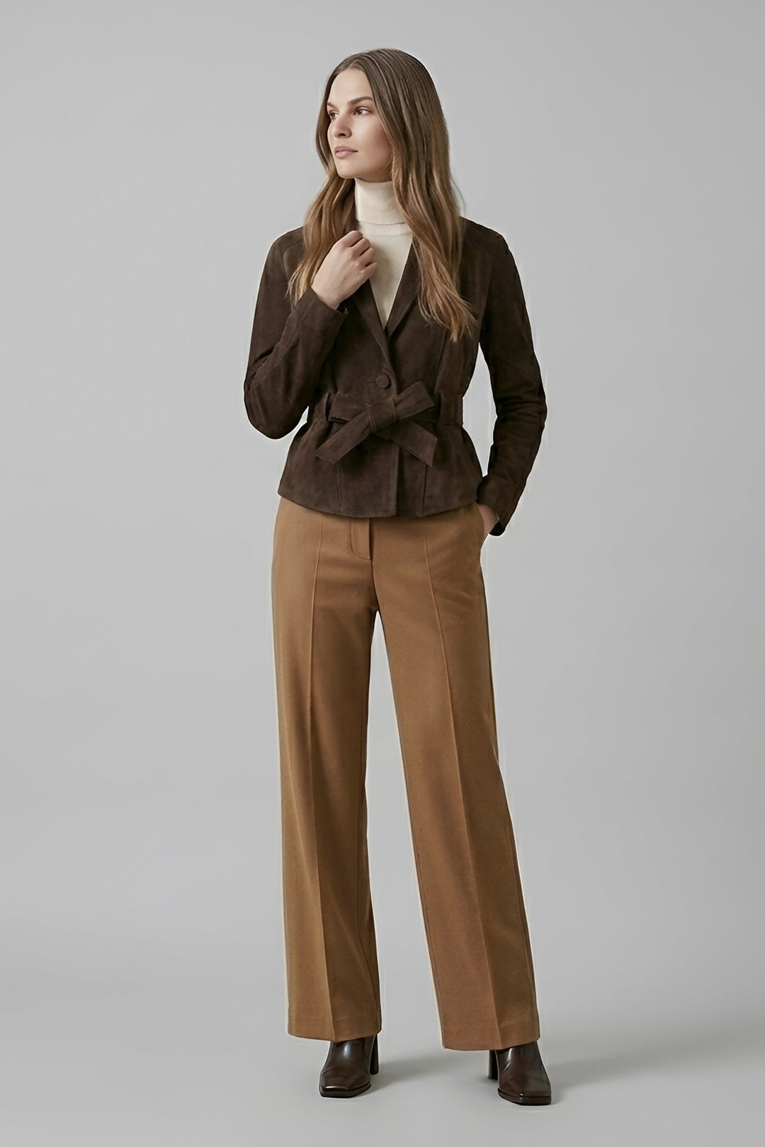JOSIE - Dark Brown Suede jacket  on model editorial shot