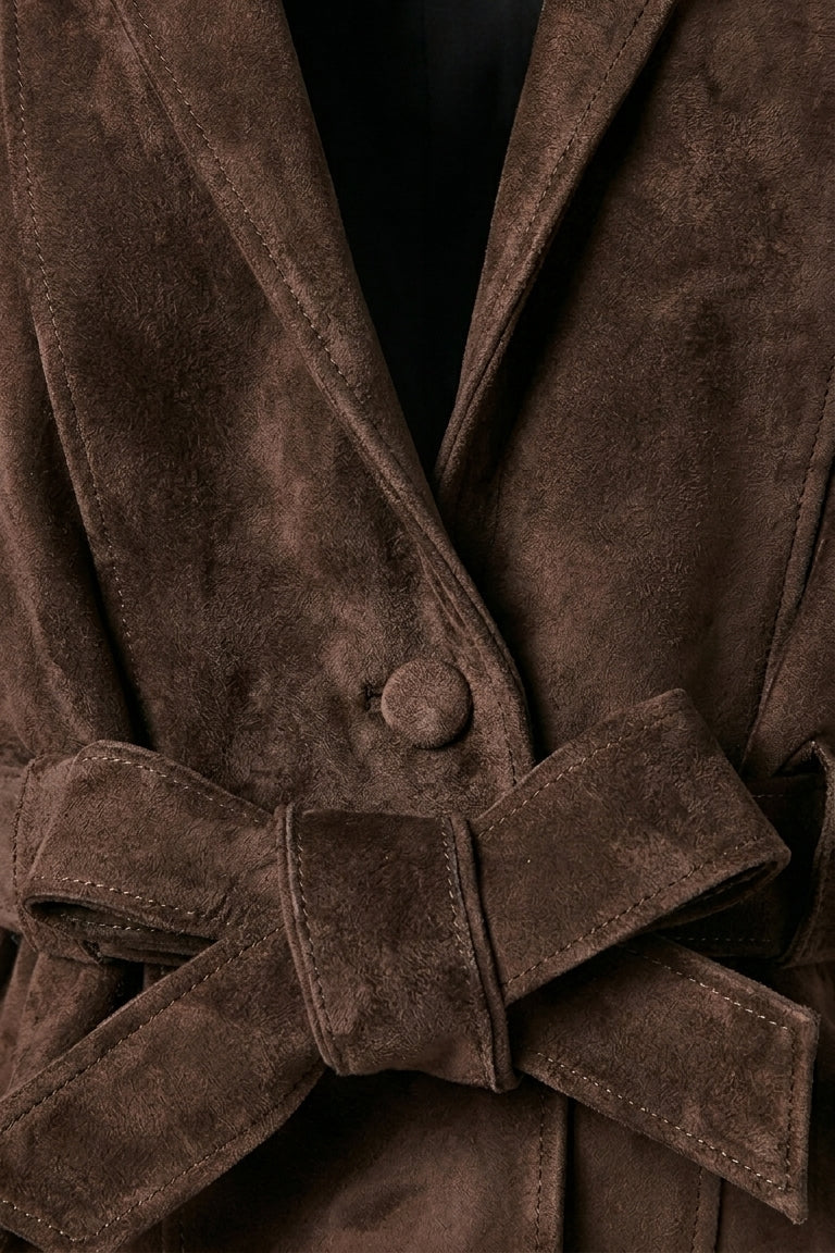 JOSIE - Dark brown Suede jacket Button and Belt tie detail shot