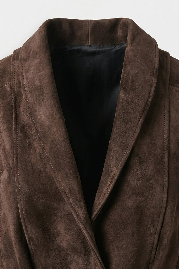 JOSIE - Dark brown Suede jacket collar detail shot