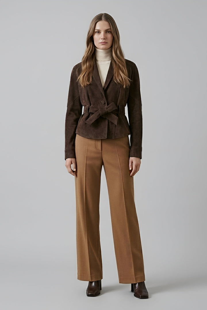 JOSIE - Suede leather jacket brown on model front view