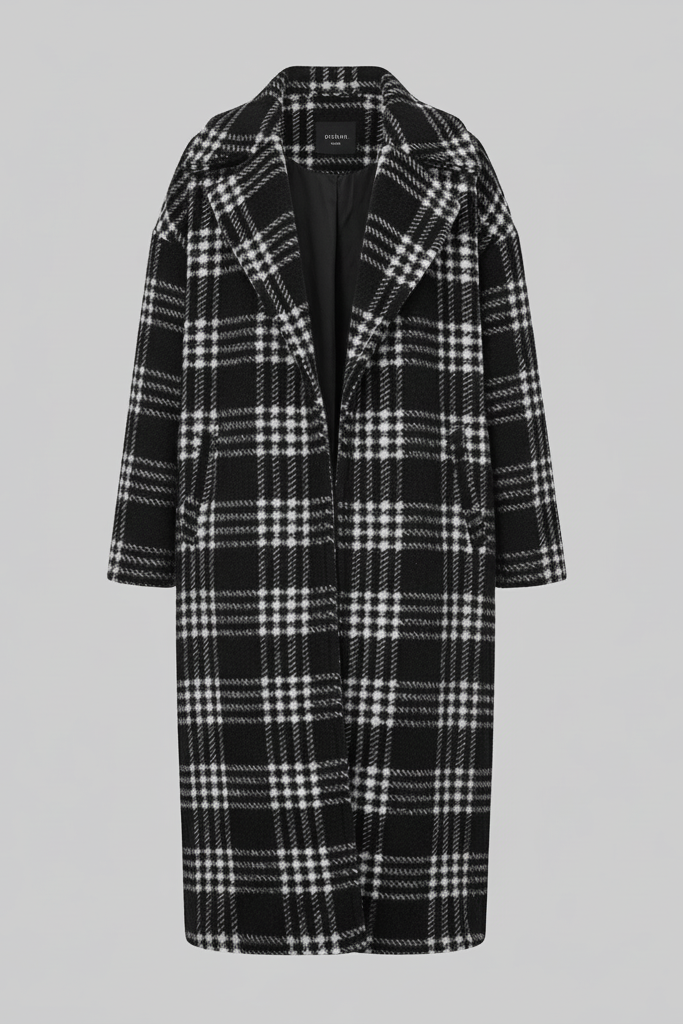 KARLYN Winter Teddy Coat in black plaid – studio front product image