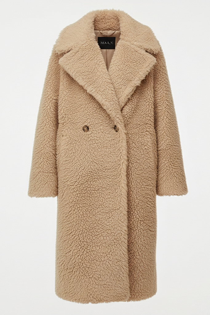 KARLYN beige teddy coat – close-up texture and lapel detail
