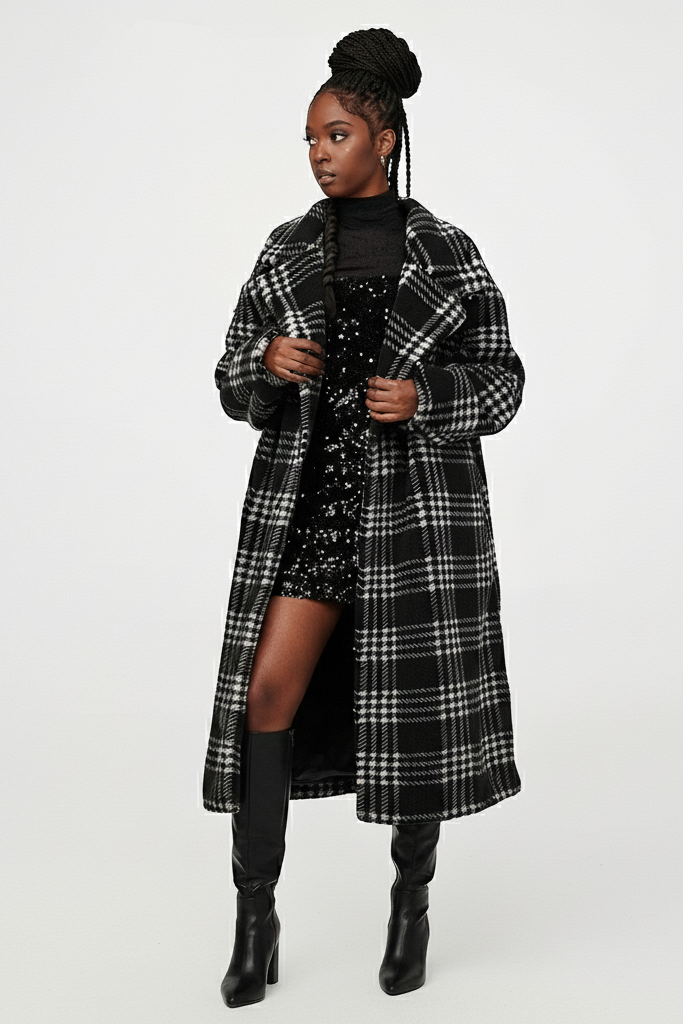 KARLYN black plaid winter coat – model front pose with arms crossed
