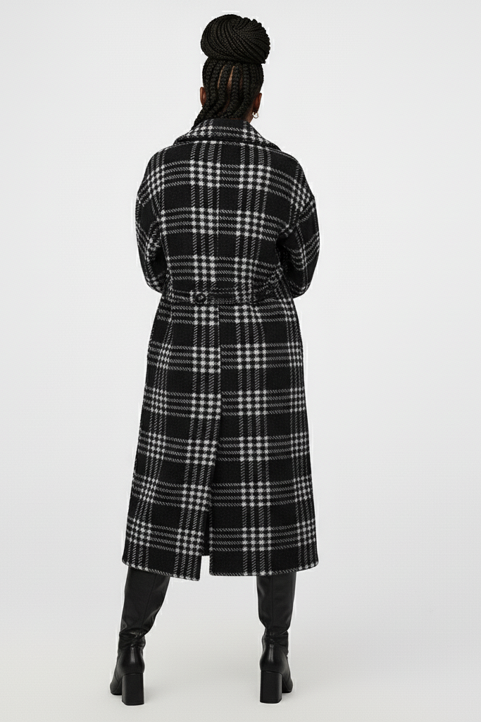 KARLYN black plaid winter coat – back view on model standing

