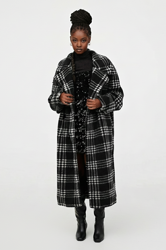KARLYN black plaid winter coat – model adjusting lapels in studio
