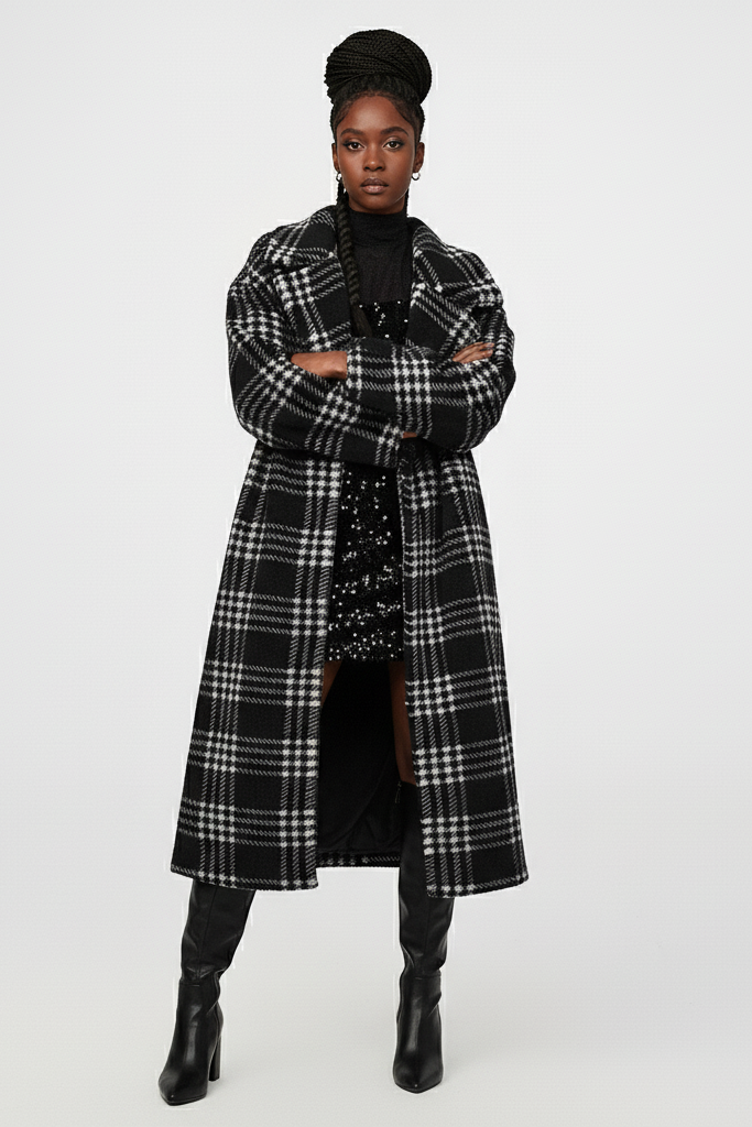 KARLYN black plaid winter coat – model front pose with arms crossed
