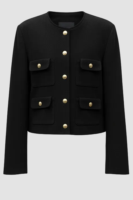 KENLEY - Black Wool Jacket, Round Neck, Gold Buttons, Four Pockets