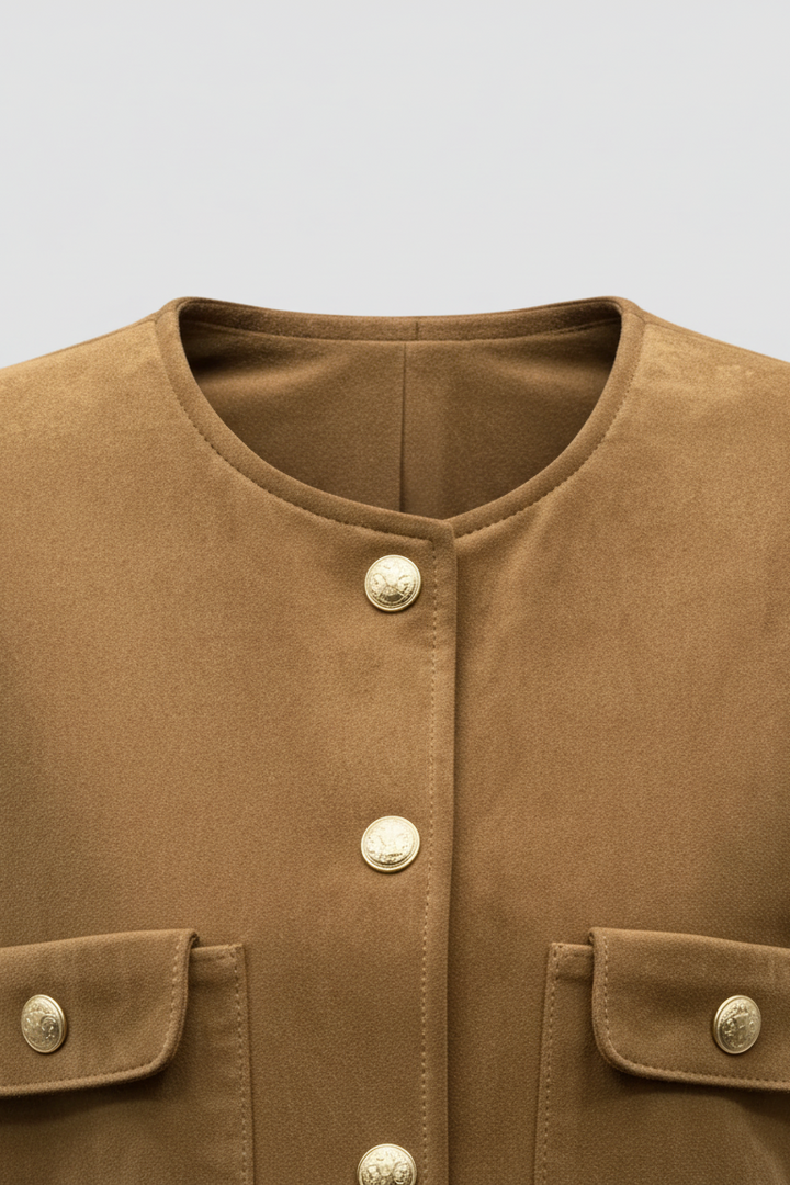 KENLEY - Close-up of camel suede leather jacket collar and button placket