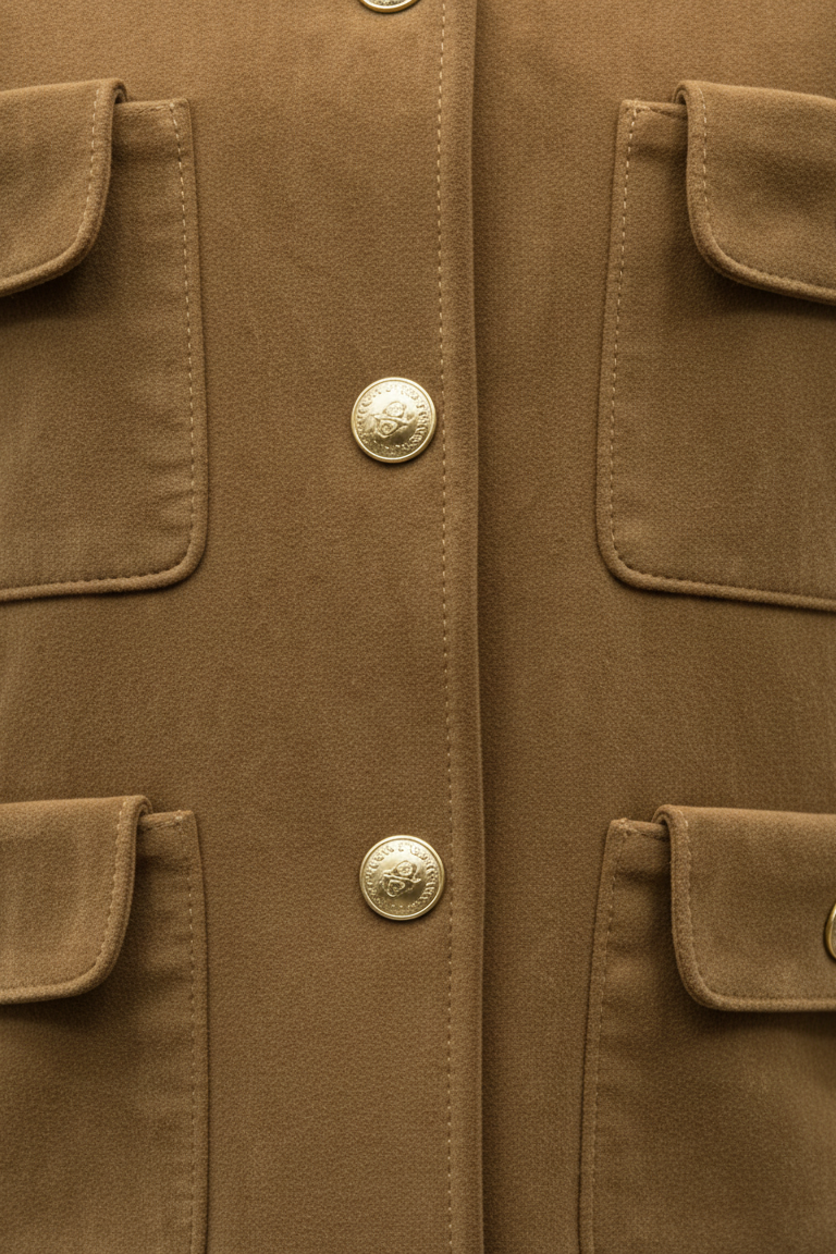 KENLEY - Close-up of camel suede leather jacket, showing gold buttons and pocket details