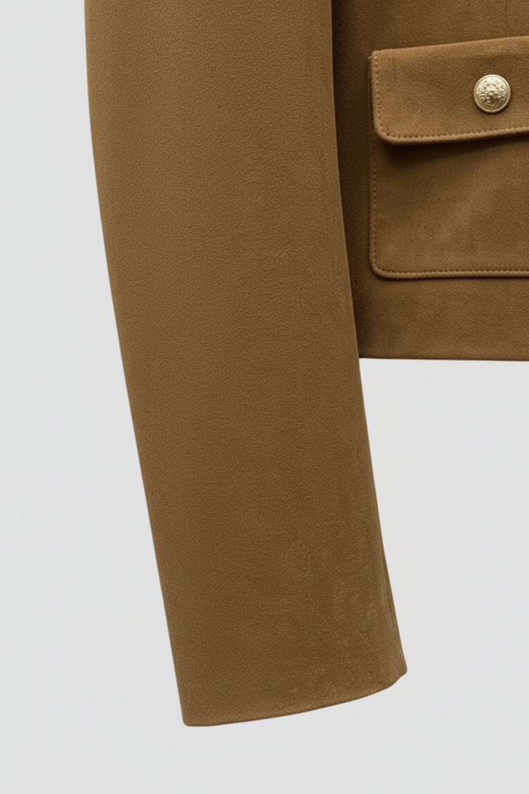 KENLEY - Detail of camel suede leather jacket sleeve and pocket