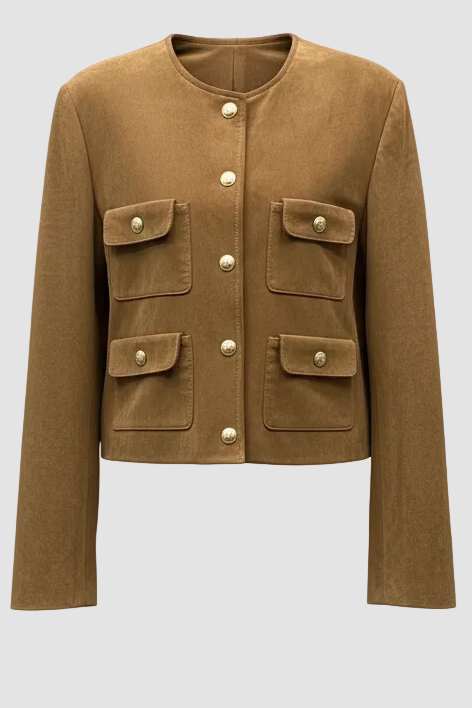 KENLEY - Suede Leather Jacket, Round Neck, Gold Buttons, Four Pockets