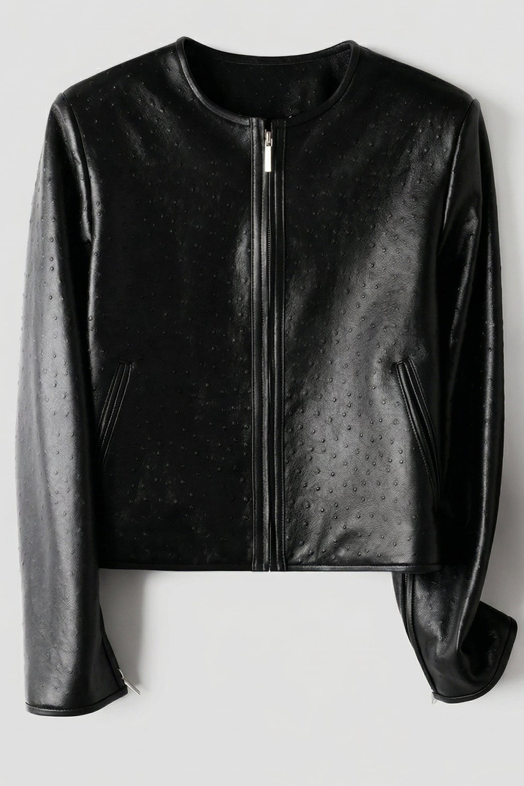 KENNA - Black textured leather jacket, zipper detail, round neck