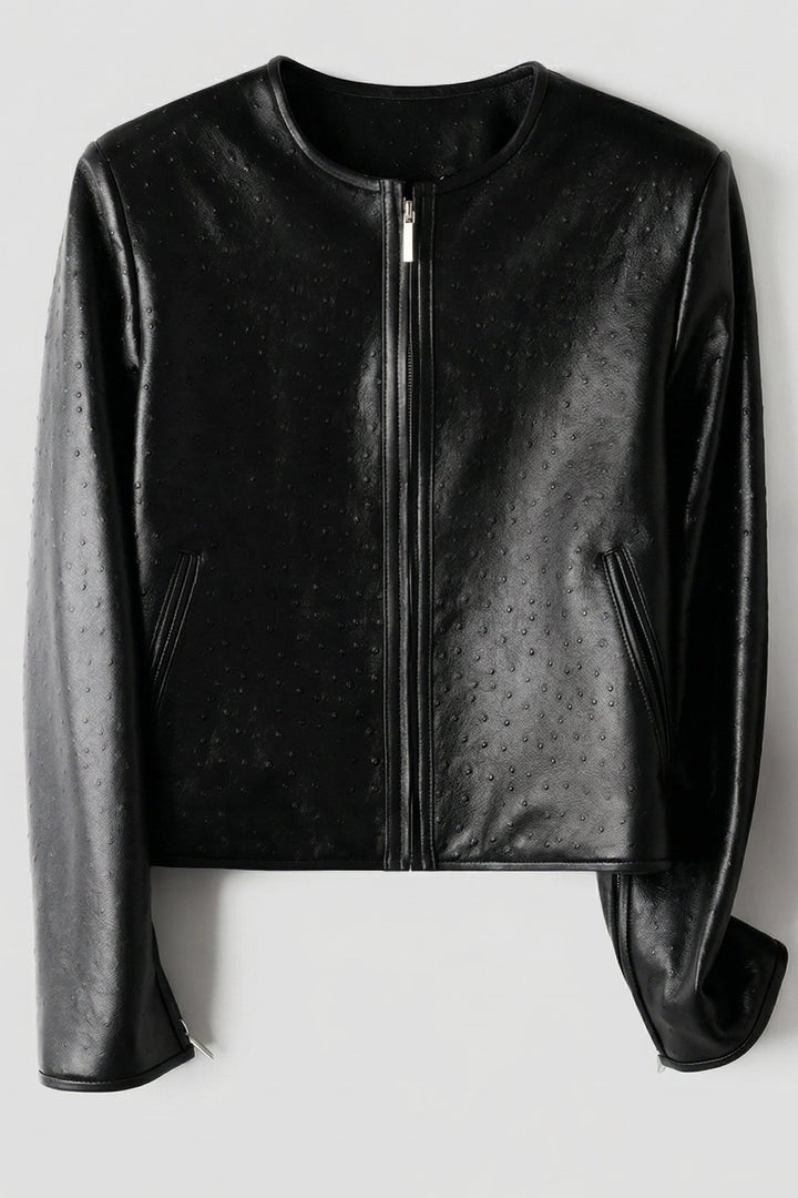 KENNA - Black textured leather jacket, zipper detail, round neck