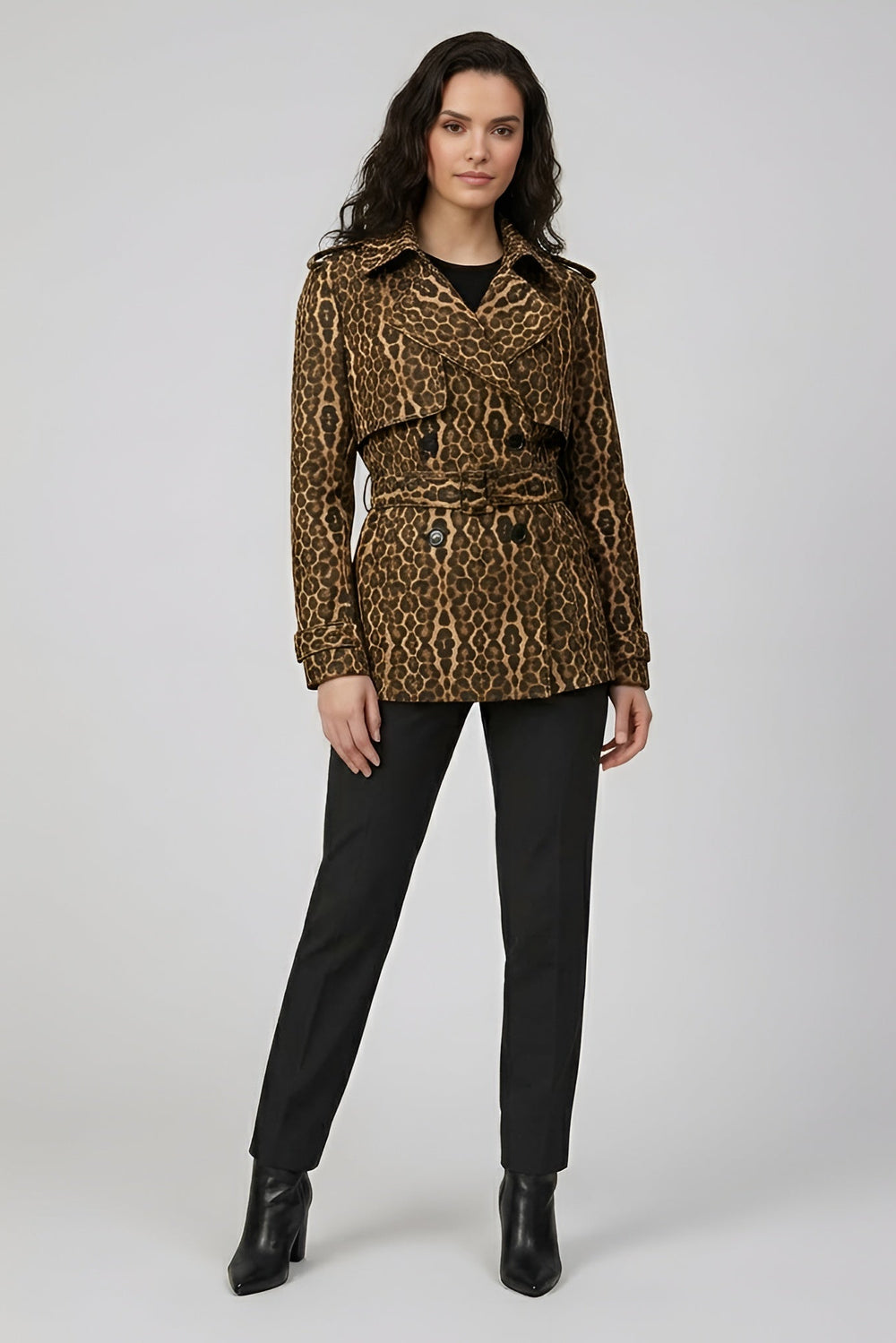 KENNEDY - Leopard print, double-breasted trench coat, detailed collar