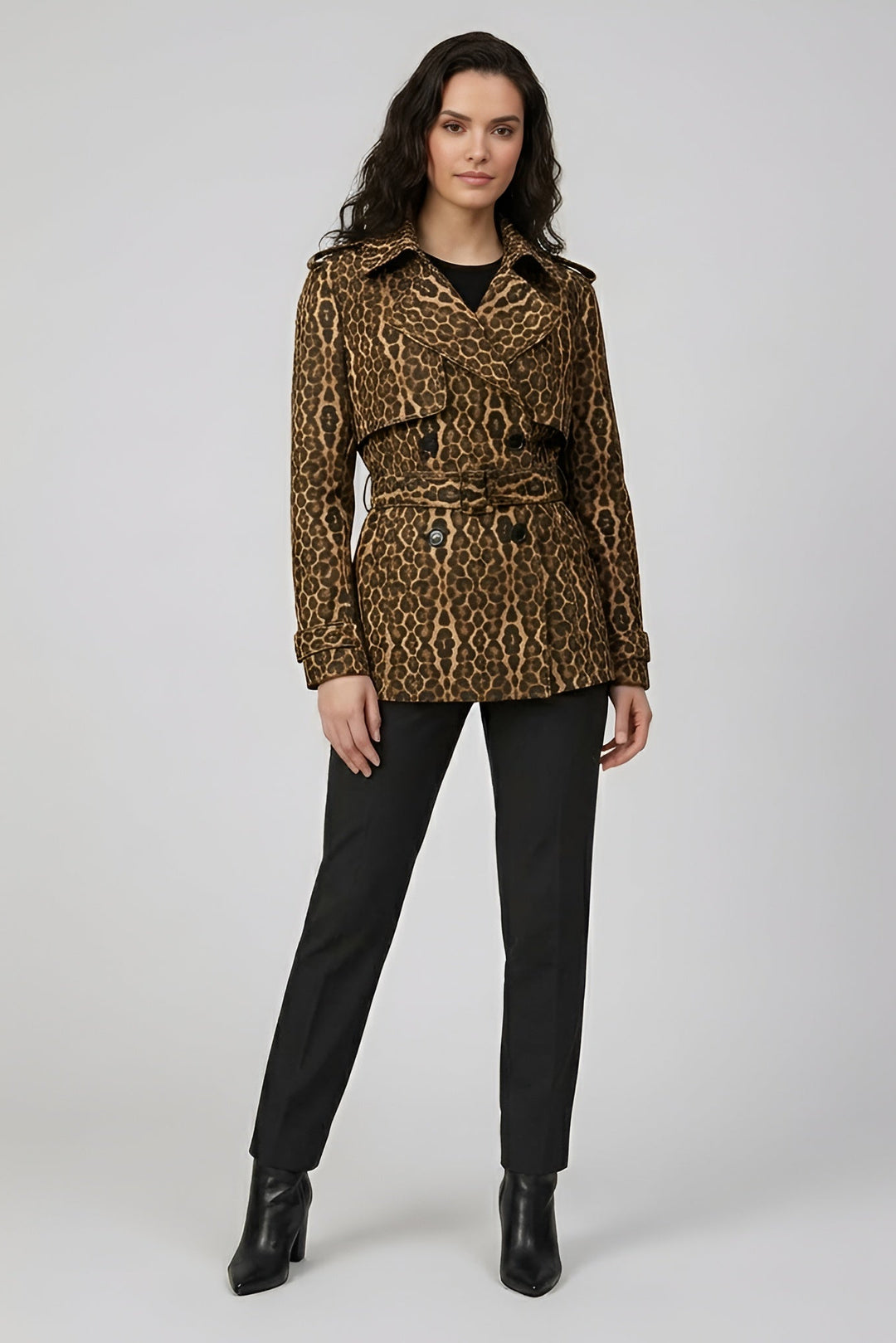 KENNEDY - Leopard print, double-breasted trench coat, detailed collar