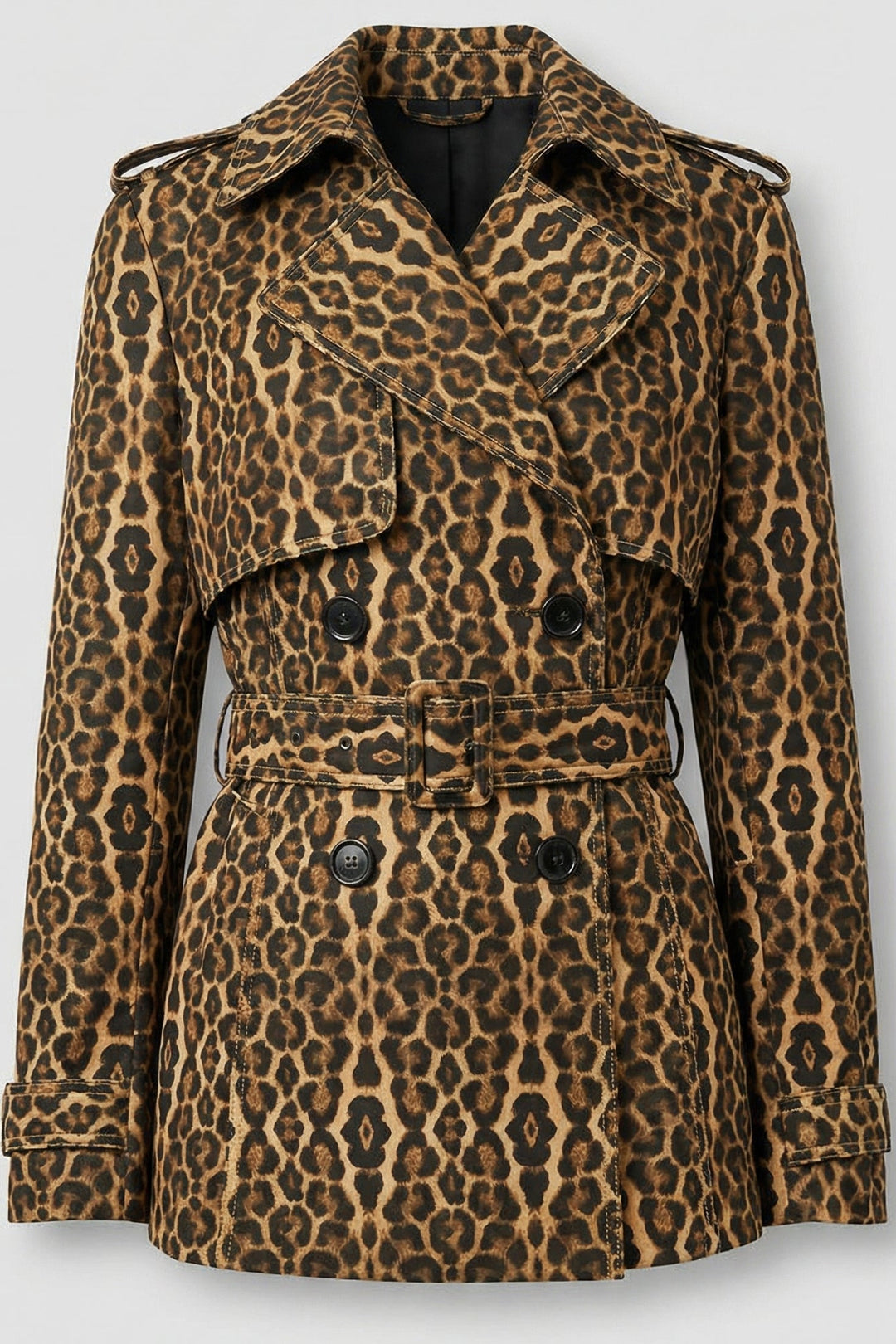 KENNEDY - Leopard print trench coat, chest view, black buttons