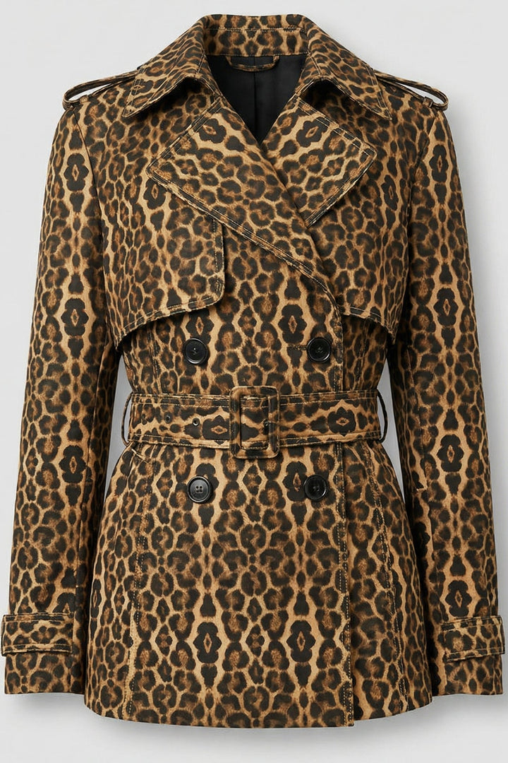 KENNEDY - Leopard print trench coat, chest view, black buttons