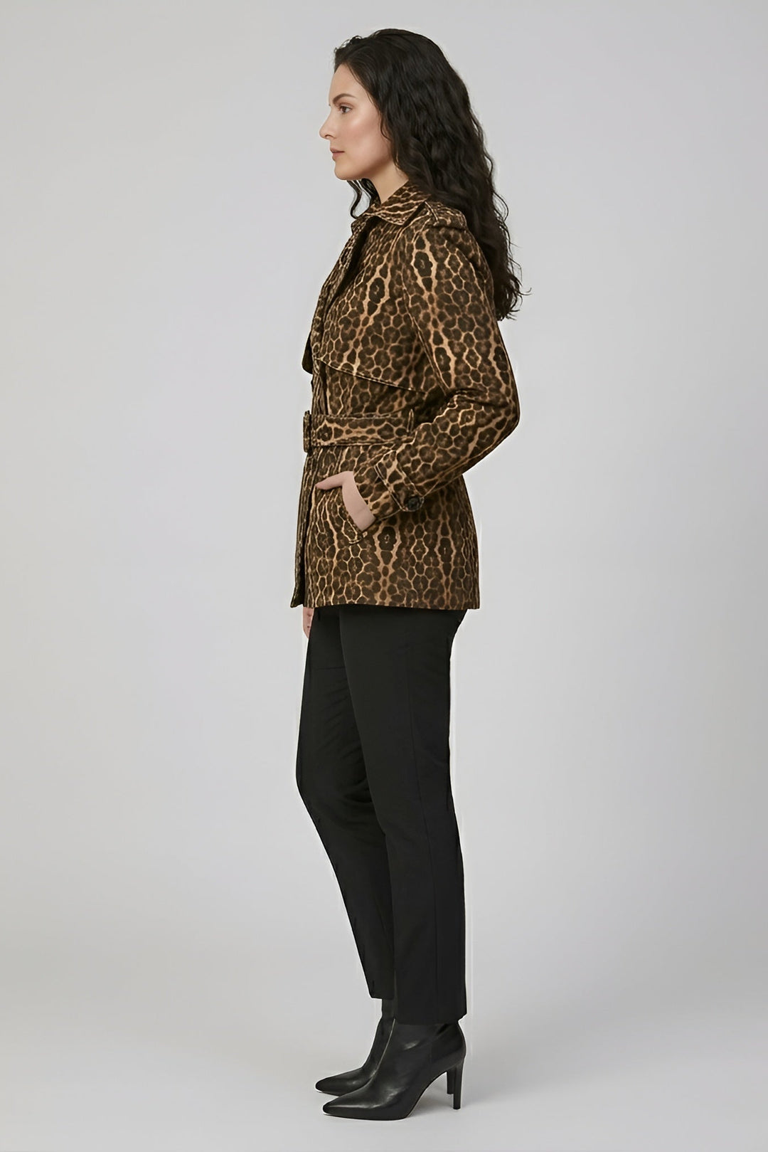 KENNEDY - Leopard print trench coat, full length, side view