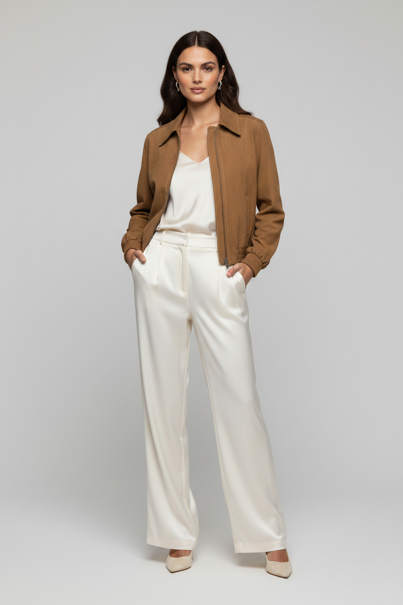 KINSLEY - Suede Leather Bomber - suede, luxury texture, hands in pockets