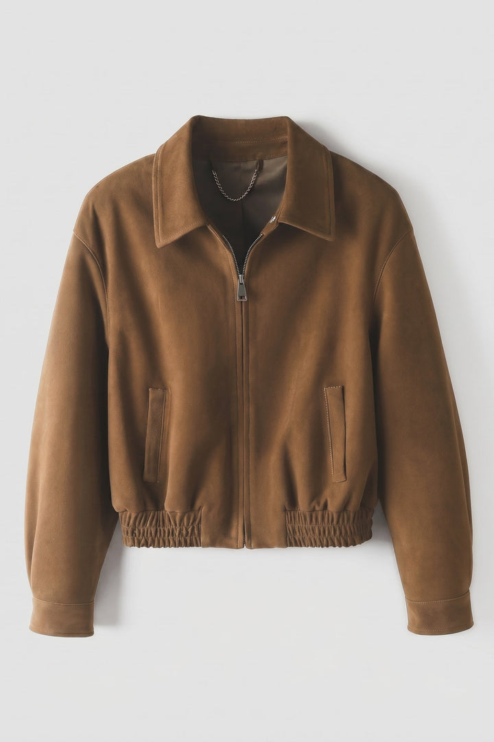 KINSLEY - Suede Leather Bomber Jacket, brown, zippered front, collared