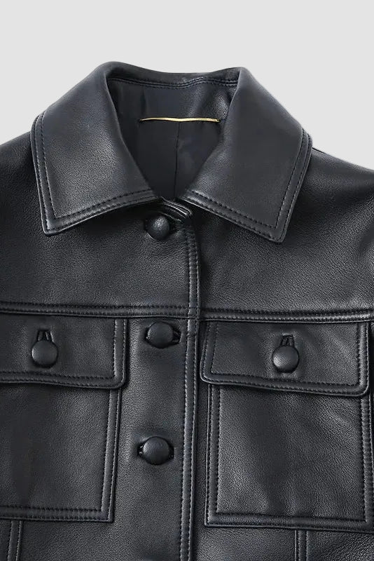 Kenzie - Close-up, black leather jacket collar and buttons