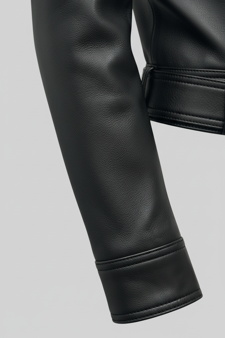 Kenzie - Close-up, black leather jacket sleeve and cuff detail