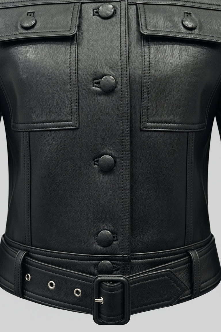 Kenzie - Detail shot, black leather jacket with multiple buttons and pockets