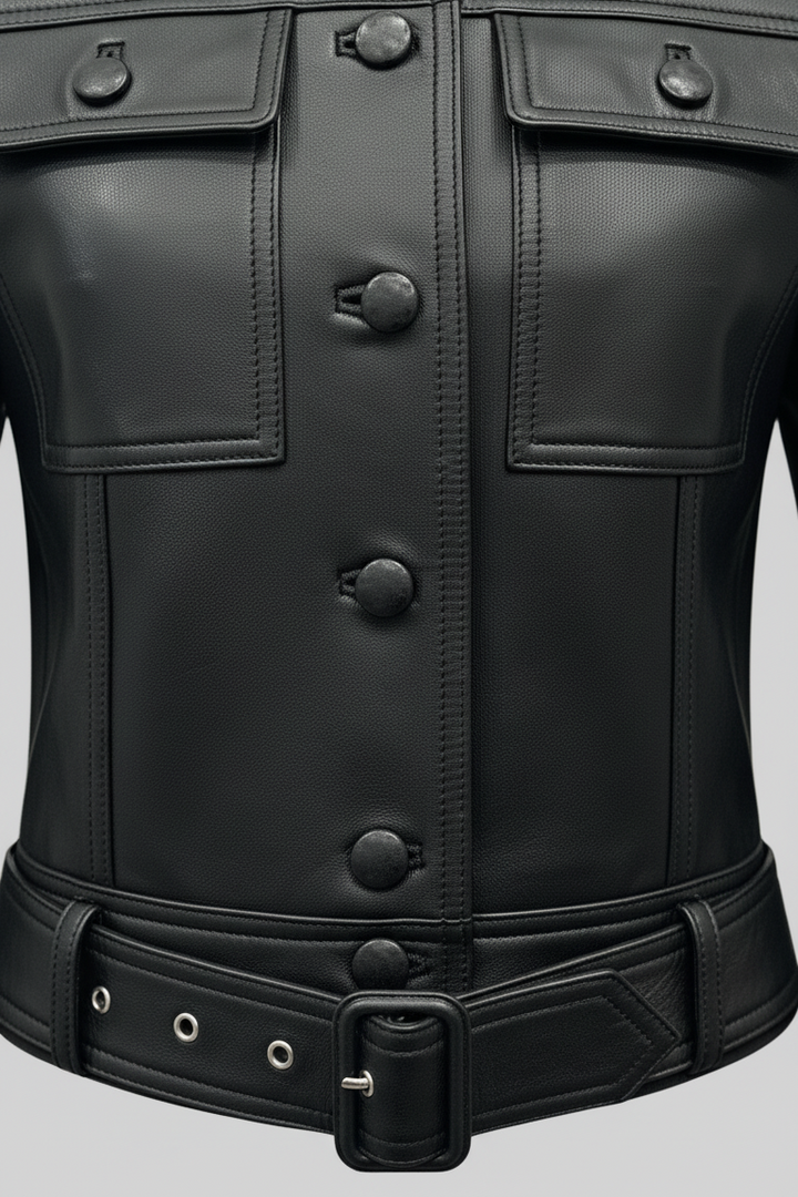 Kenzie - Detail shot, black leather jacket with multiple buttons and pockets