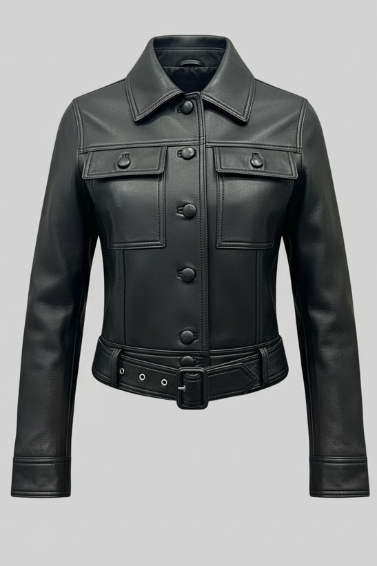 Kenzie - Studio shot, black leather jacket, belted waist, buttoned details