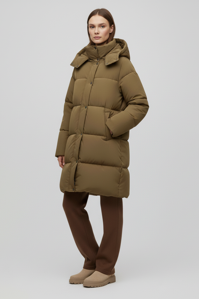 Khaki puffer coat with a hood on a white background