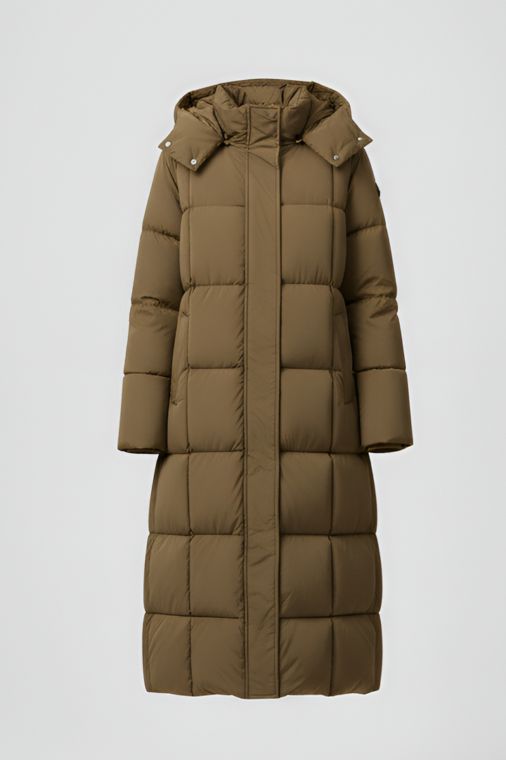 Khaki puffer coat with a hood on a white background