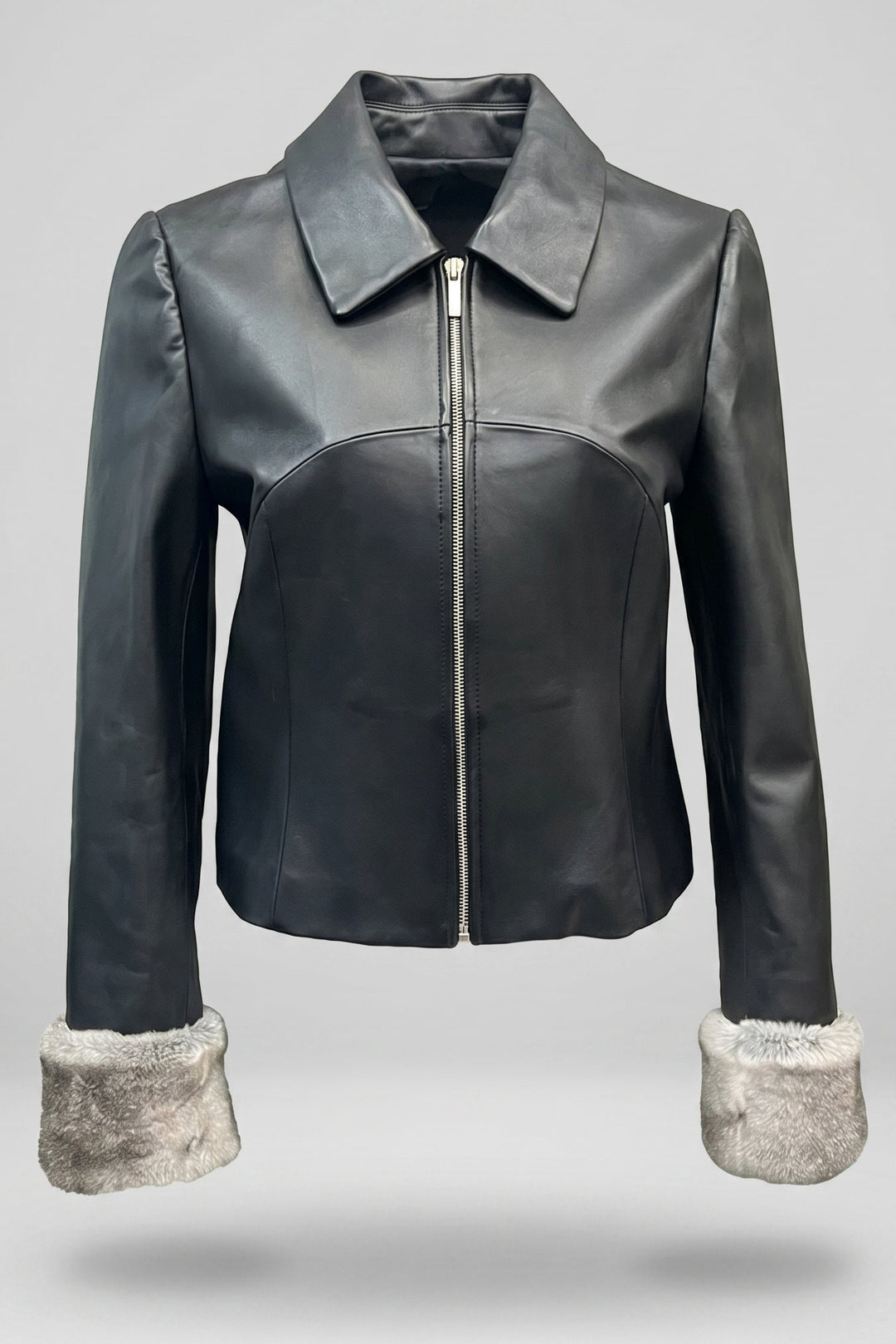 LANCASTER - CROPPED SHEEPSKIN, black leather jacket with fur cuffs, front view